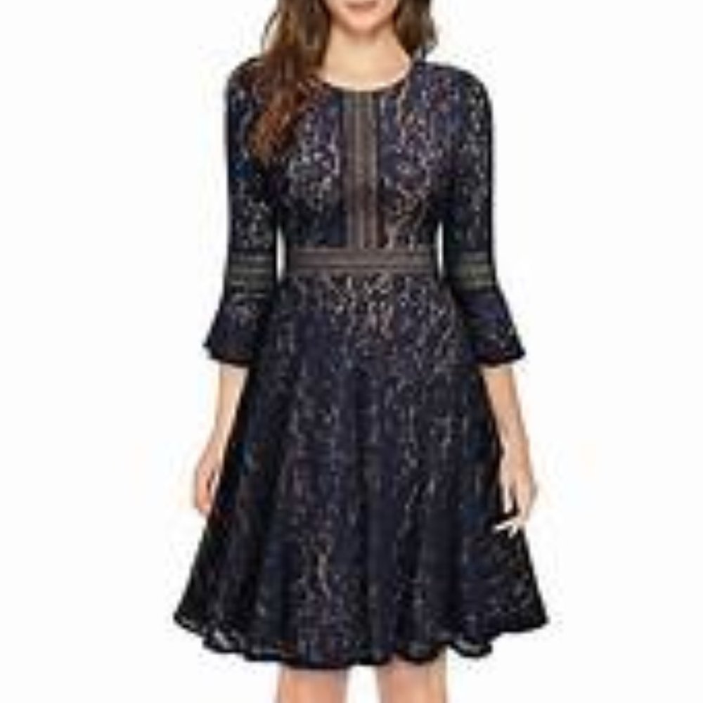 NWOT Miusol Vintage Full Lace Contrast Bell Sleeve Formal Midi Dress.